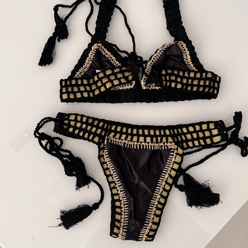 Nairobi – Black & Gold Crochet Halter Bikini Set | Oceanna