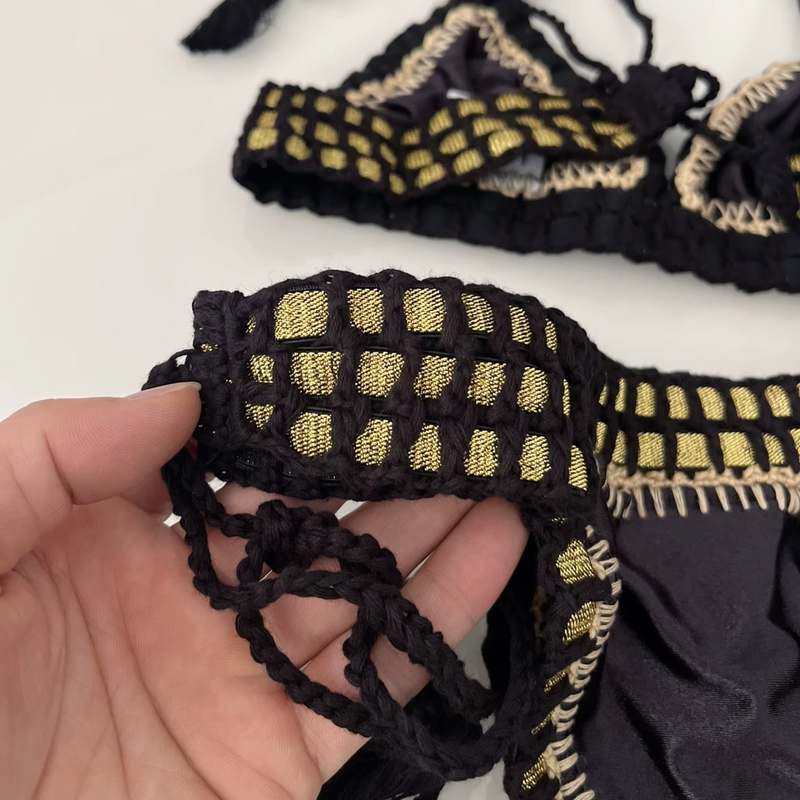 Nairobi – Black & Gold Crochet Halter Bikini Set | Oceanna