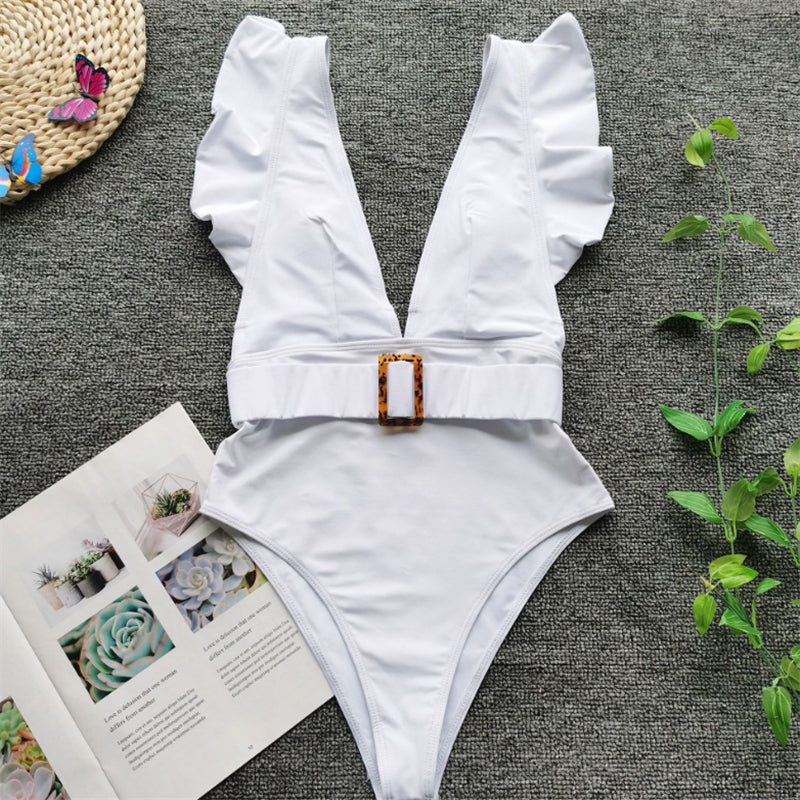 Bianca – White Ruffled Swimsuit with Tortoise Belt Detail | Oceanna