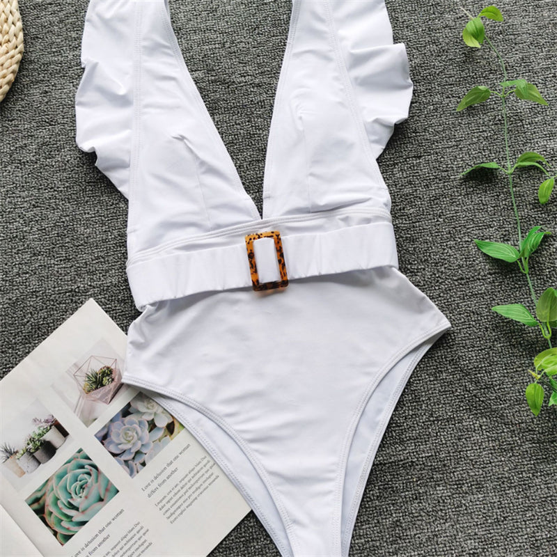 Bianca – White Ruffled Swimsuit with Tortoise Belt Detail | Oceanna