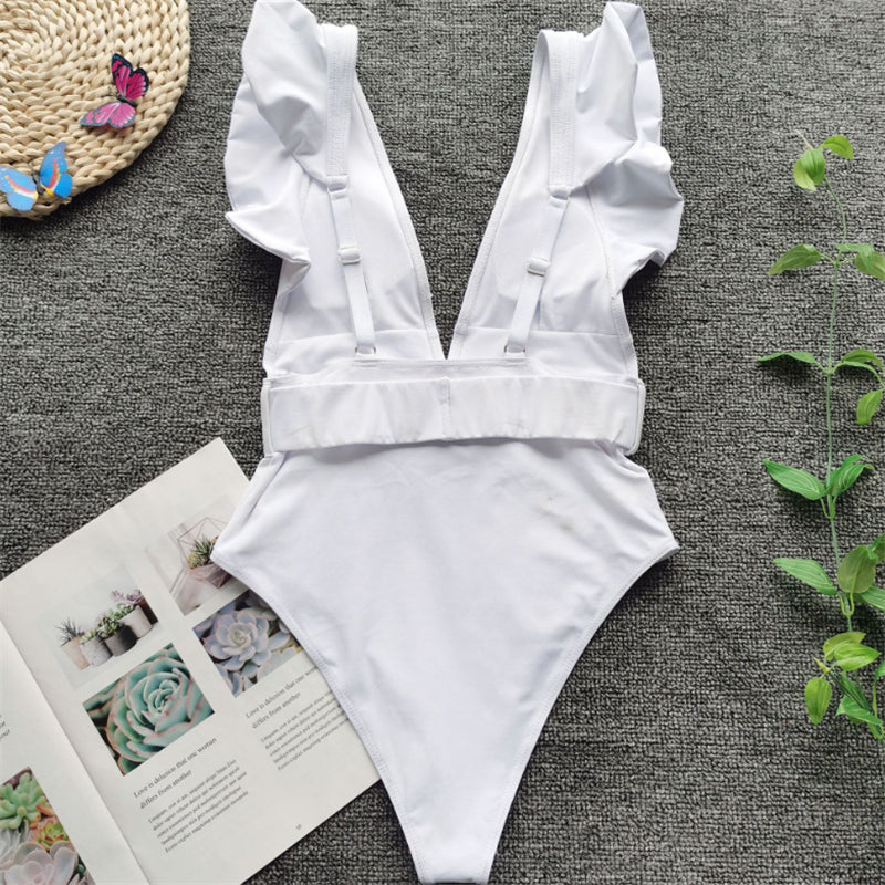 Bianca – White Ruffled Swimsuit with Tortoise Belt Detail | Oceanna