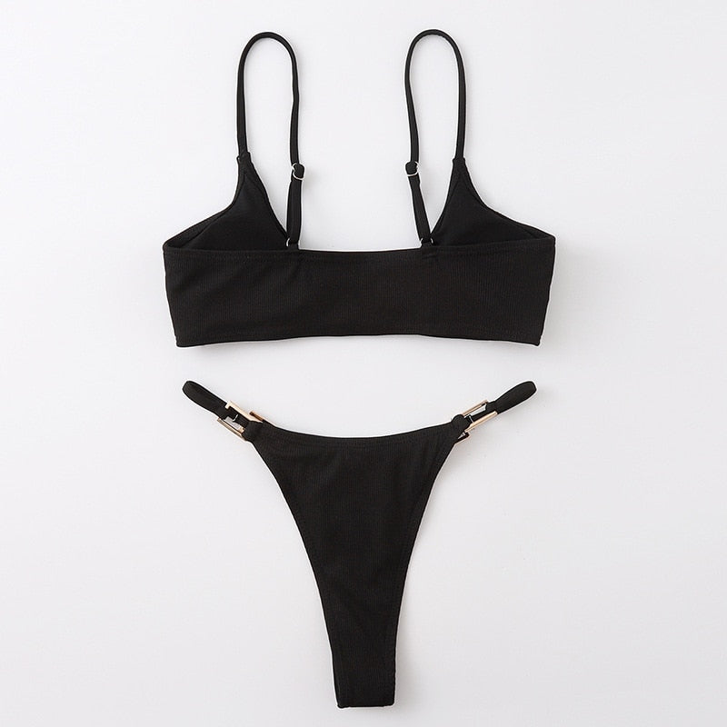 Zahara – Buckled Ribbed Thong Bikini in Cocoa Bronze | Oceanna