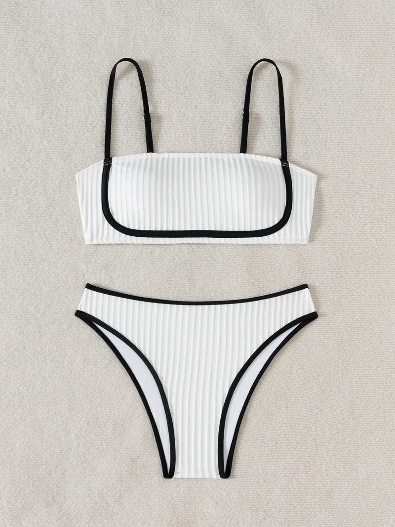 Serena – White Ribbed Bandeau & High-Waist Bikini Set | Oceanna