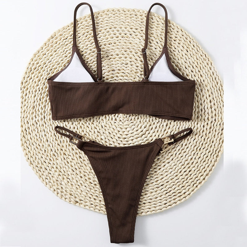 Zahara – Buckled Ribbed Thong Bikini in Cocoa Bronze | Oceanna