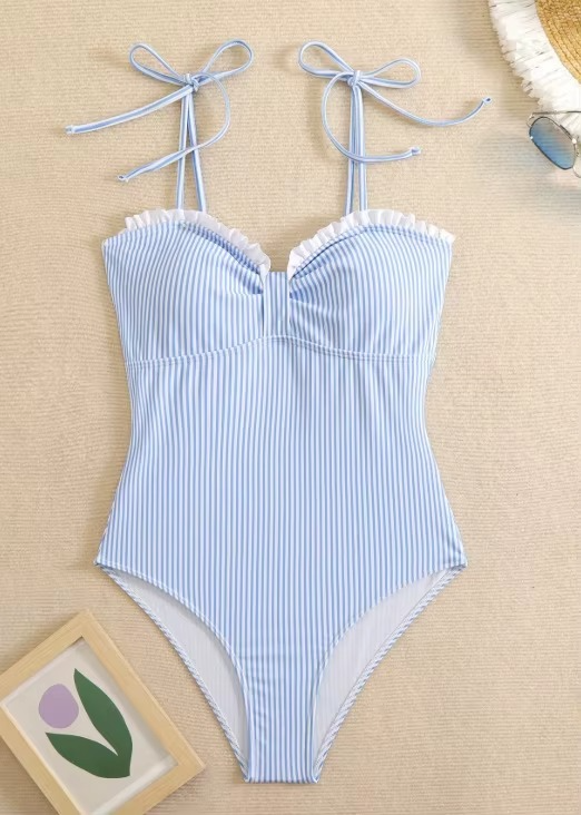 Capri – Blue Striped One-Piece Swimsuit with Ruffle Trim | Oceanna