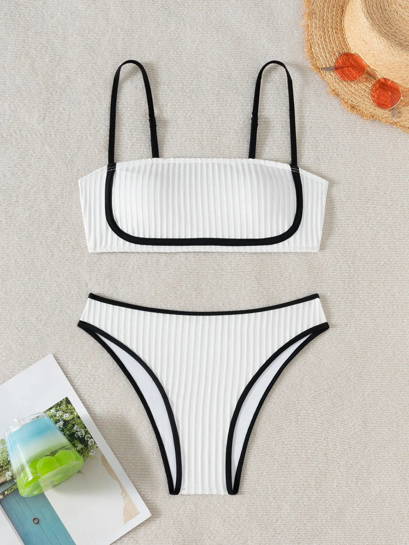 Serena – White Ribbed Bandeau & High-Waist Bikini Set | Oceanna