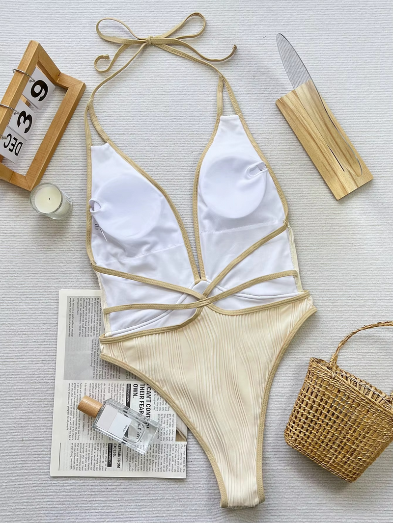Siena – Pleated Ivory One-Piece Swimsuit with Sculpted Deep V | Oceanna