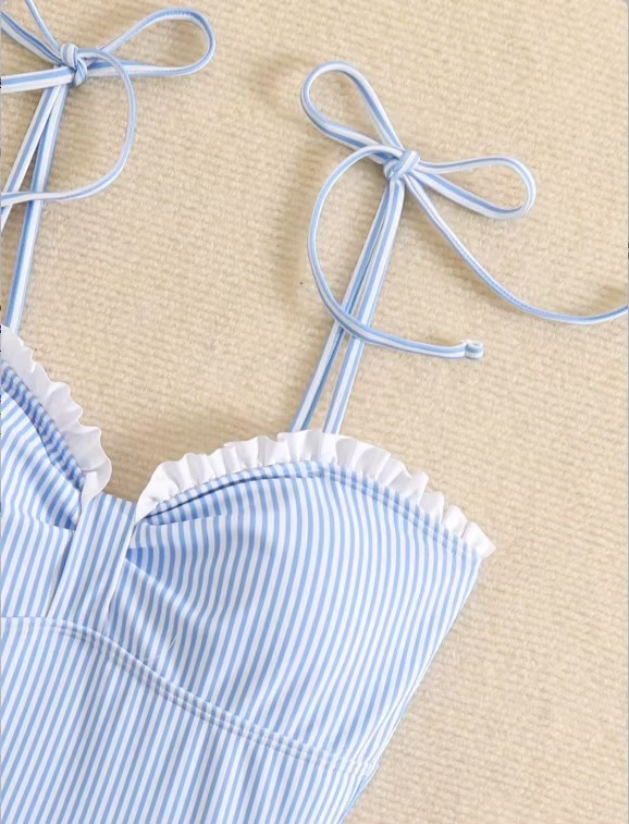Capri – Blue Striped One-Piece Swimsuit with Ruffle Trim | Oceanna